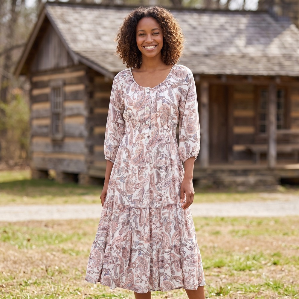 Figueroa & Flower Temple Paisley Boho Tiered Maxi Dress Womens Large Blush